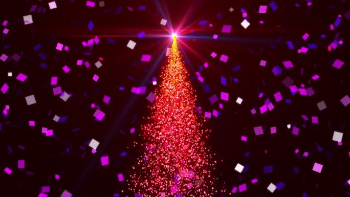 抽象粒子发光红色圣诞树与五彩纸屑的背景