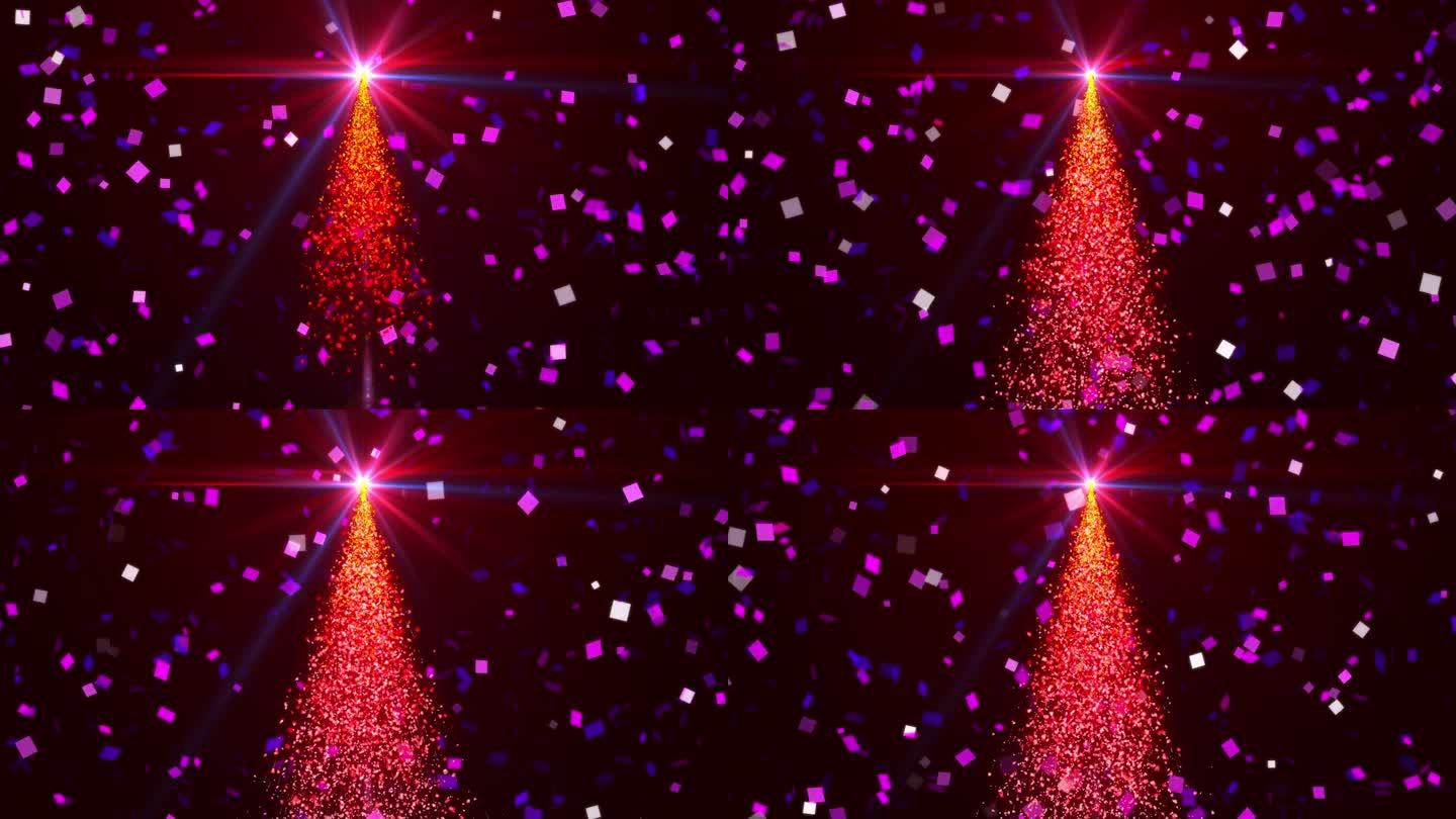 抽象粒子发光红色圣诞树与五彩纸屑的背景