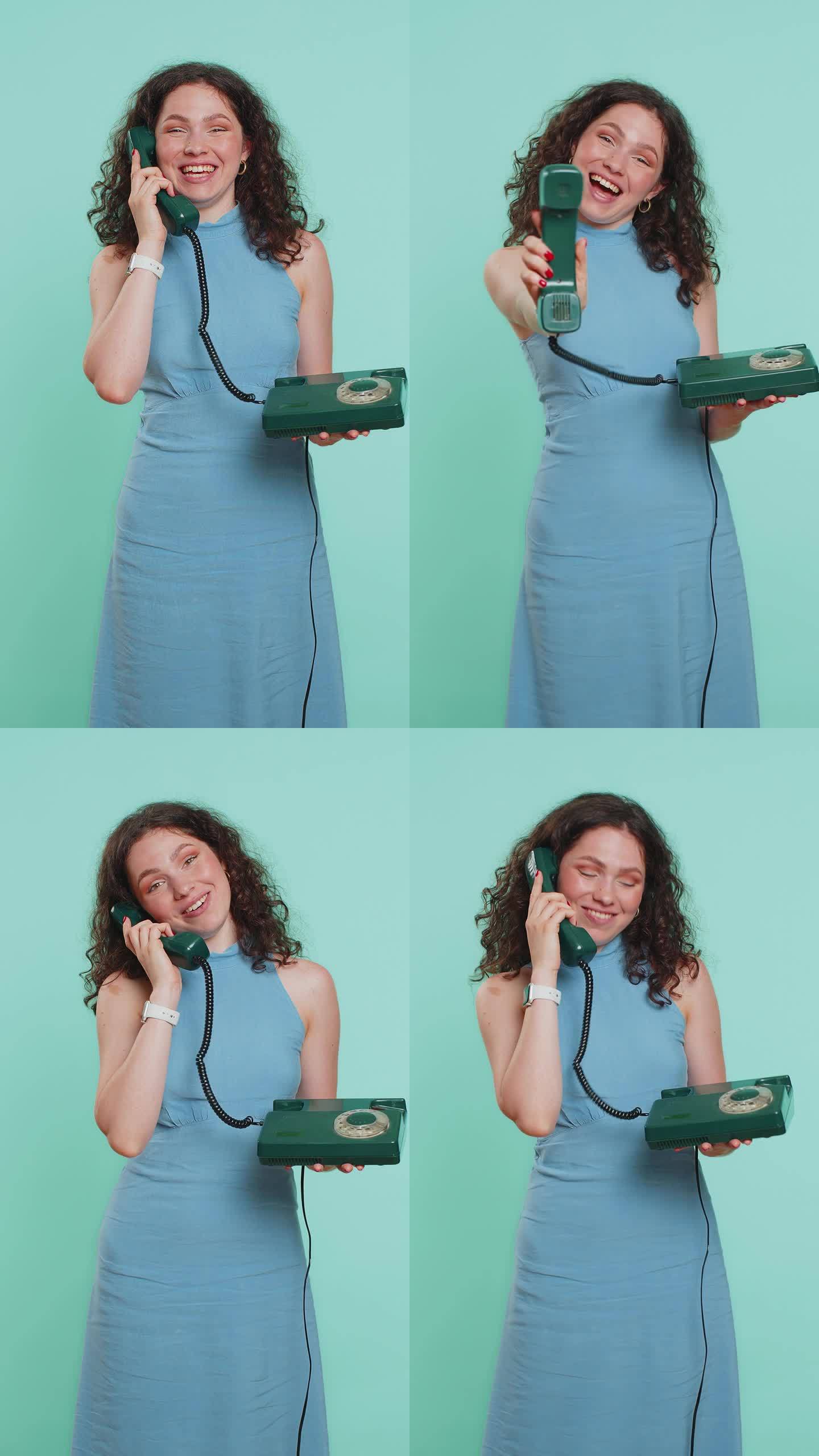 年轻女子在有线座机老式电话上说话，广告主张的谈话