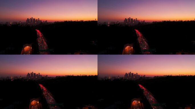加州洛杉矶市中心夜空晚霞红色