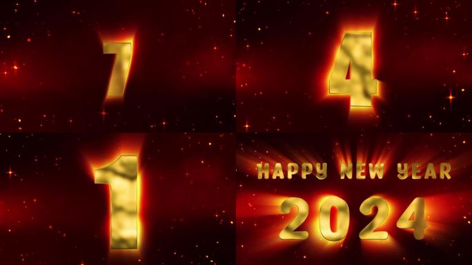 祝2024年新年快乐，红色背景上的金色文字。从10倒计时到0。粒子和闪闪发光的星星。光线与文字相互作