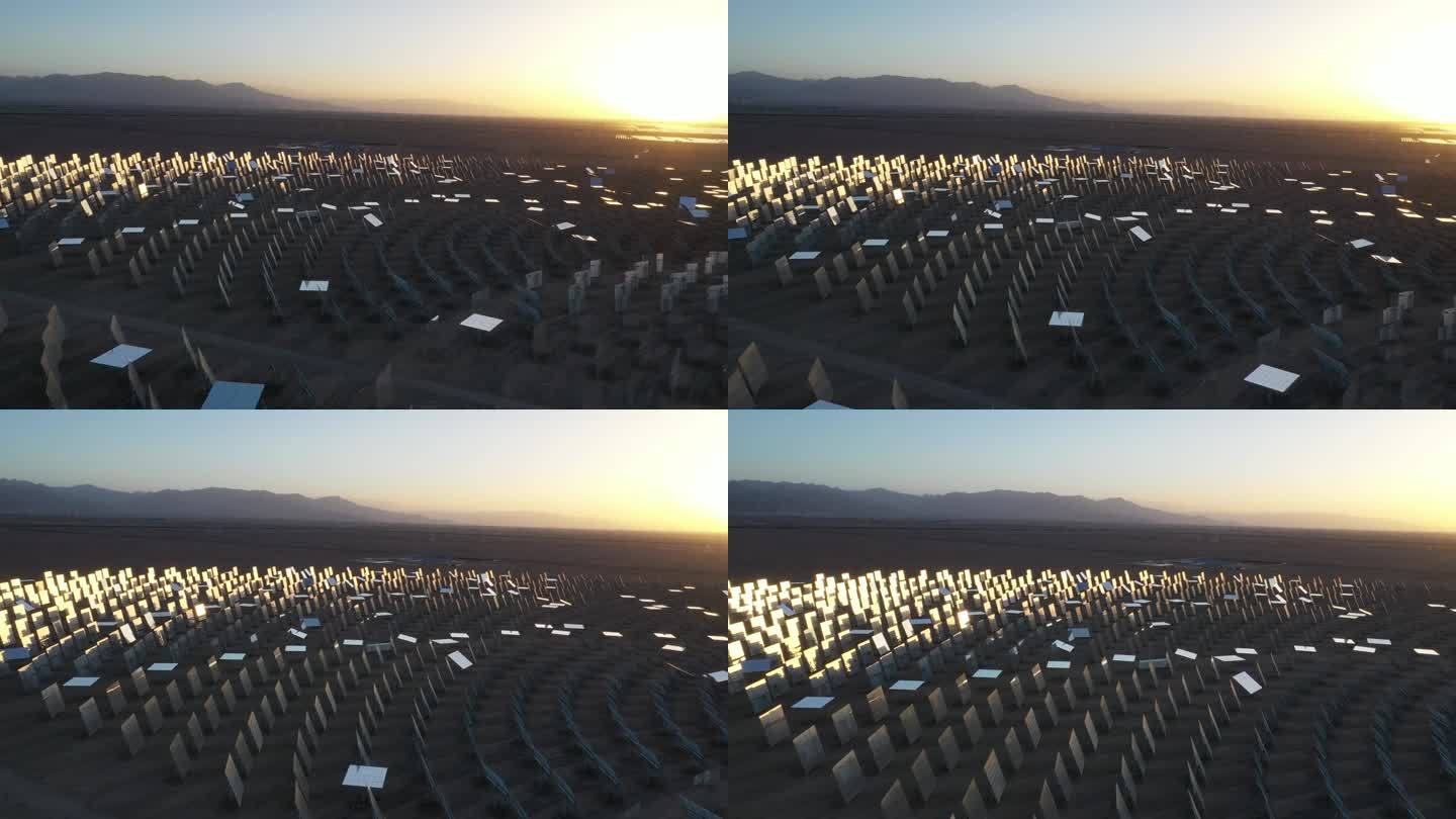 太阳热能发电站日落时的定日镜