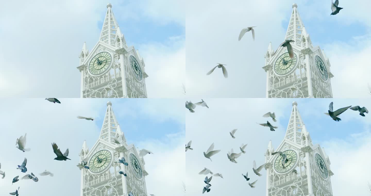 鸽子飞过白色钟楼