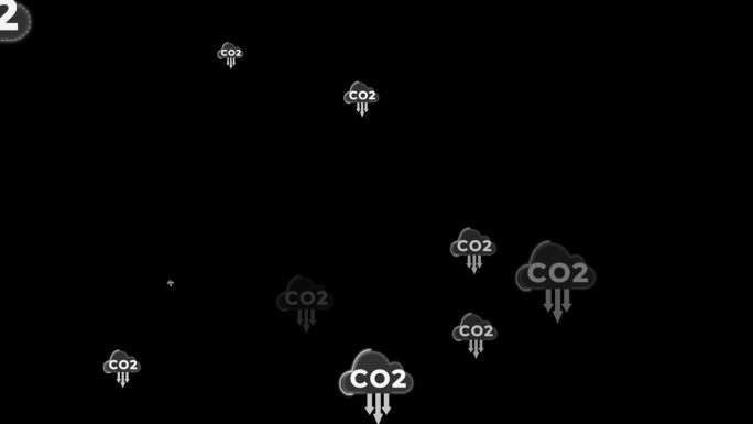 动画二氧化碳颗粒在黑色背景与箭头减少二氧化碳。包括Alpha通道