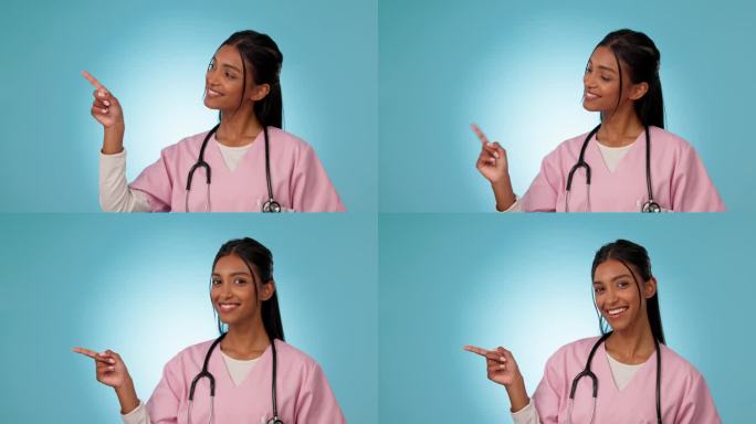健康提示，指向和医生或妇女的建议，清单或演示在蓝色背景。一个印度护士的快乐、健康和面部肖像，用手势表