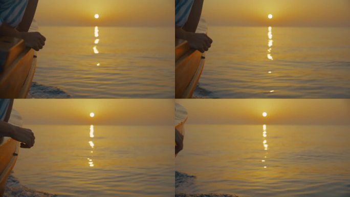 一个面目全非的女人坐在一艘帆船的船头上，欣赏着海上地平线上令人惊叹的日落