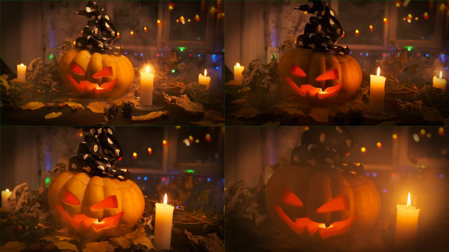 Сlose在秋天的万圣节中，雕刻的南瓜南瓜灯，里面有蜡烛和一个令人毛骨悚然的微笑女巫帽