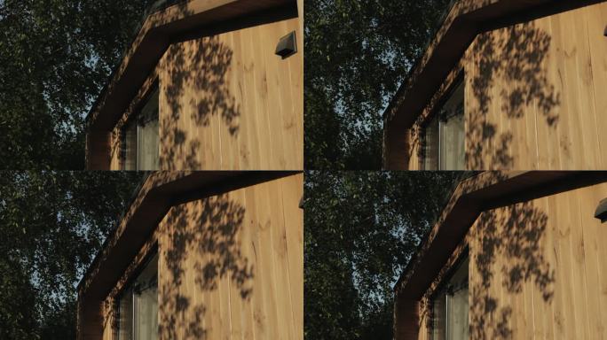 木屋木墙上树叶的特写阴影镜头向前移动，木屋的一部分，木质纹理，背景，木质材质，慢动作。