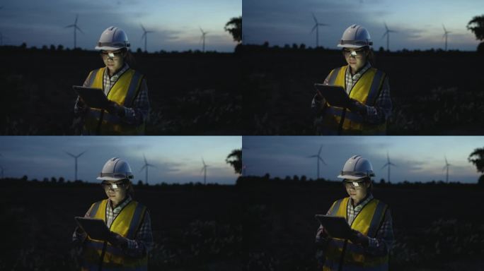 女工程师在日落的风力涡轮机农场使用数字平板电脑