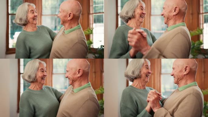 爱情，老年夫妇，在家跟着音乐跳舞，在退休后与幸福或自由联系在一起。牵手，移动或老年人一起听爵士乐的声