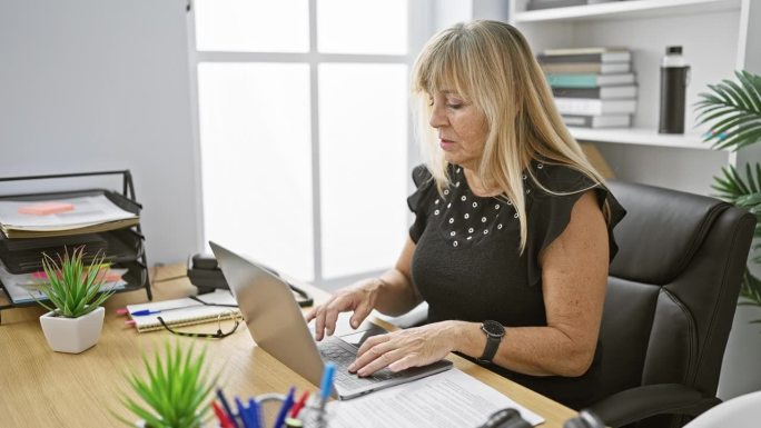 美丽的中年金发女子，专业的商务工作者，在办公桌旁对着笔记本电脑紧张地工作，咳嗽——这是一种令人担忧的