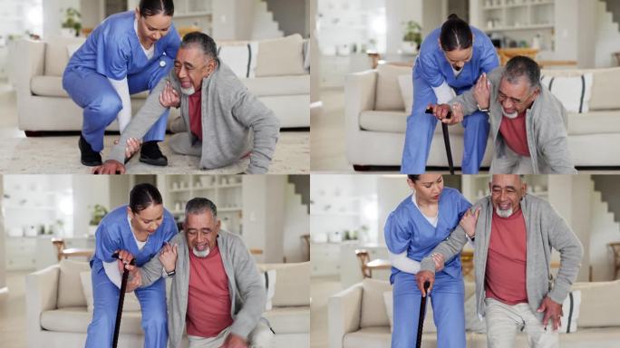 老人、跌倒和护士在家中、客厅的地板上帮忙，以及在发生意外或紧急情况时照顾老人。眩晕，老年人和护理人员