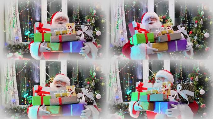 唱歌的圣诞老人分享节日的心情和礼物的大堆礼物