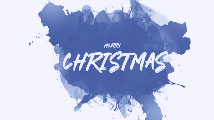 圣诞快乐的文字与蓝色水彩墨水在白色的背景