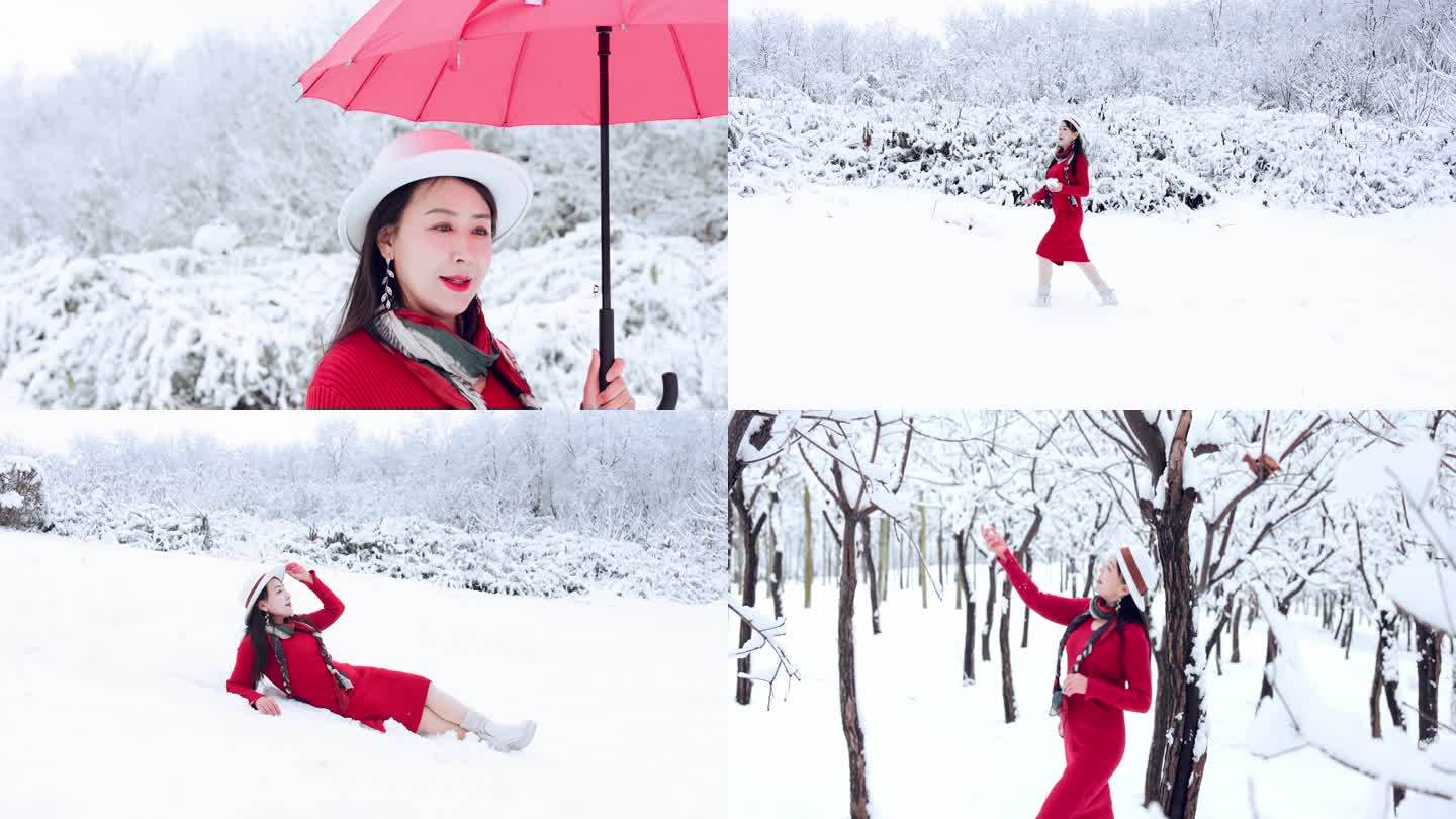 大雪后穿红裙的女人