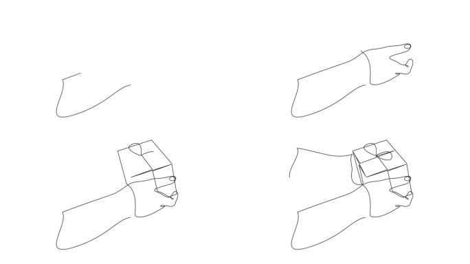 手握礼盒的自绘动画，系上丝带，用连续线绘制。