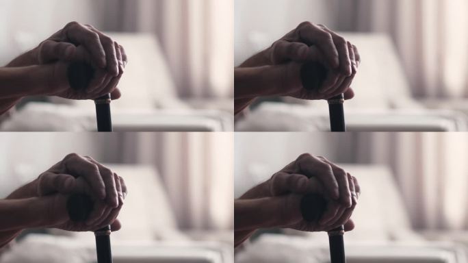 老人握着拐杖的手。老人拄着一根旧木手杖走路，细节很好