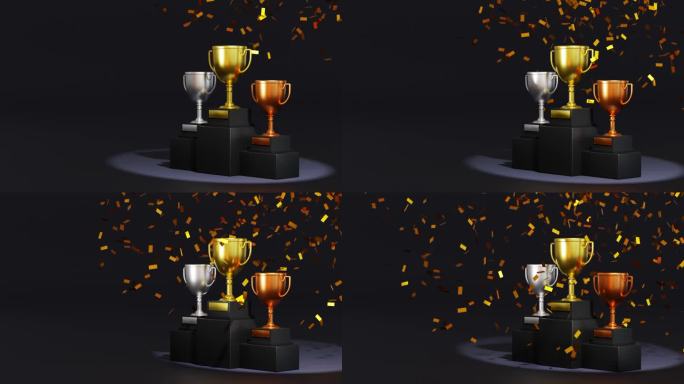 冠军领奖台上的金、银、铜奖杯与飘落的五彩纸屑，荣耀的时刻，3D渲染。