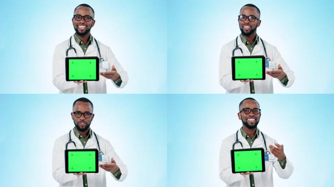 黑人，医生和平板电脑绿屏，在医疗保健广告或营销背景的工作室。非洲男性肖像或医疗展示技术应用程序，展示