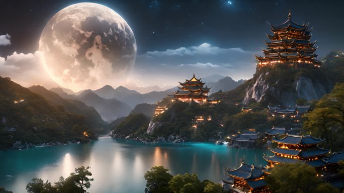 夜晚中国古代城镇古城灯光璀璨圆月高空4k