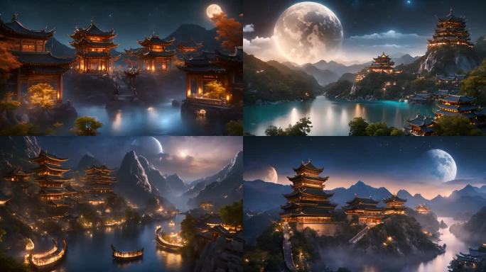 夜晚中国古代城镇古城灯光璀璨圆月高空4k