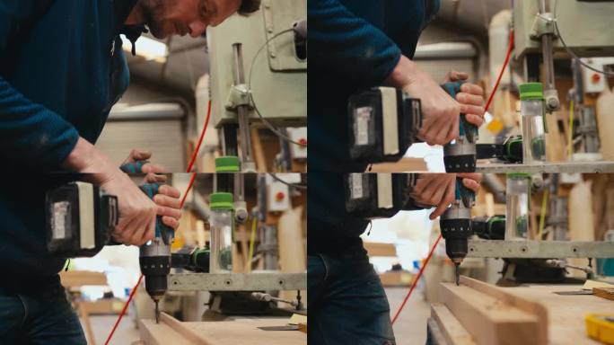 木工在车间工作台上用无绳电钻在木头上打孔的特写