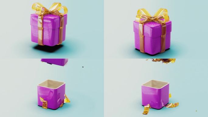 动画惊喜礼盒与充满活力的弓全3D渲染展示了一个动态开箱的礼物。