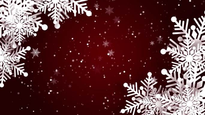 动画白纸剪纸大小不一的雪花。圣诞节、新年、寒假的剪影装饰饰品。循环运动图形。