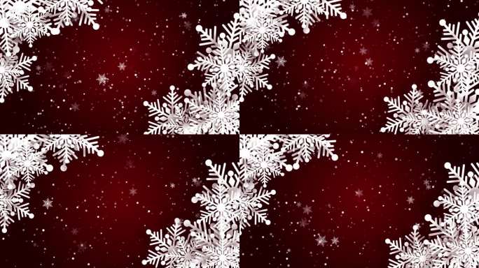 动画白纸剪纸大小不一的雪花。圣诞节、新年、寒假的剪影装饰饰品。循环运动图形。