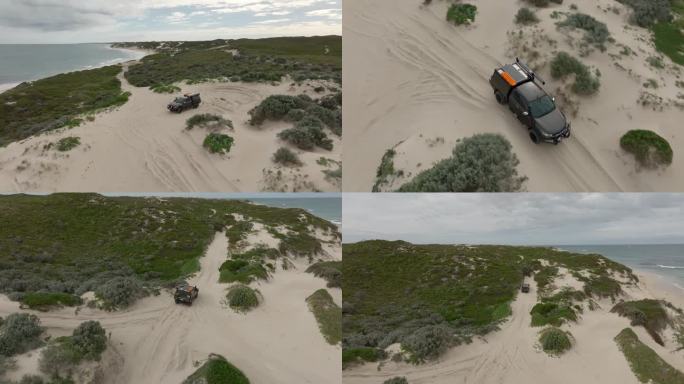 聚光灯风格的镜头，汽车停放，转向沙道，从相机下通过，驶向远方。澳大利亚海滩驾驶。