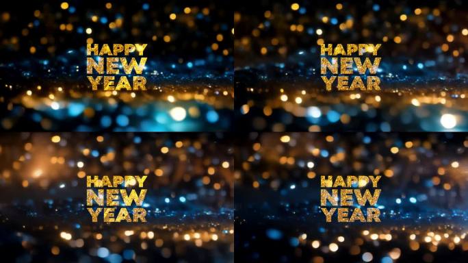 动画金色文字新年快乐和橙色光与蓝色背景。