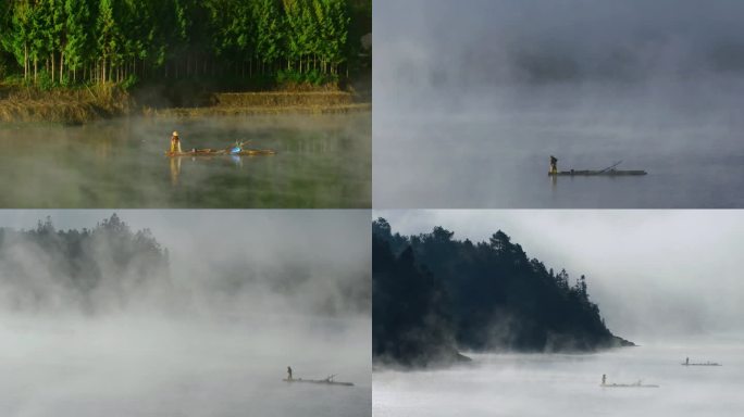 晨雾缭绕 渔船湖中央缥缈