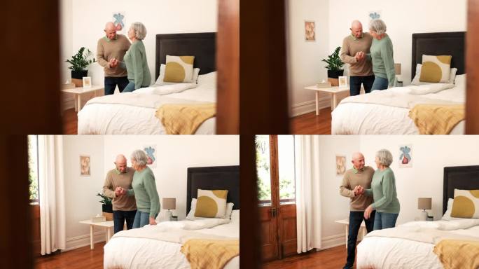 老年人，夫妇和帮助走路在家里帮助移动，运动或在卧室受伤。老年人，男人和女人为爱，信任或支持的纽带，为