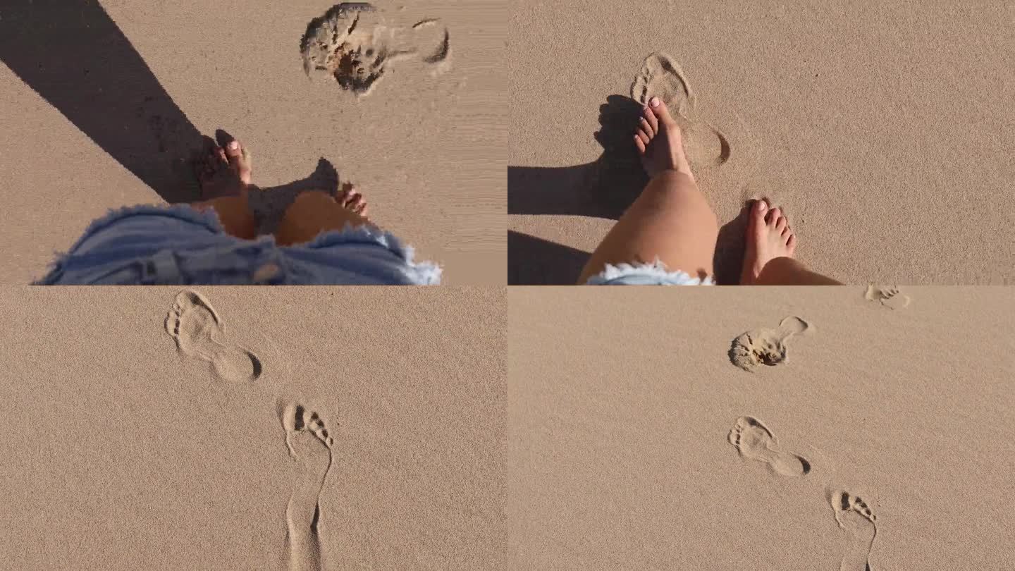 镜头中年轻女子走在沙滩上