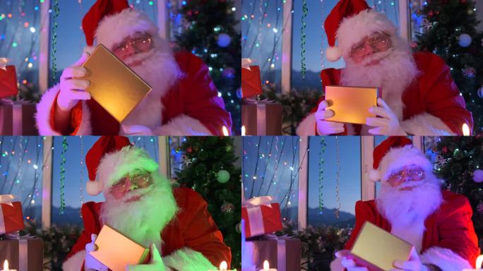 善良的圣诞老人的特写展示了金色的礼盒和装饰着圣诞树的舒适的房间