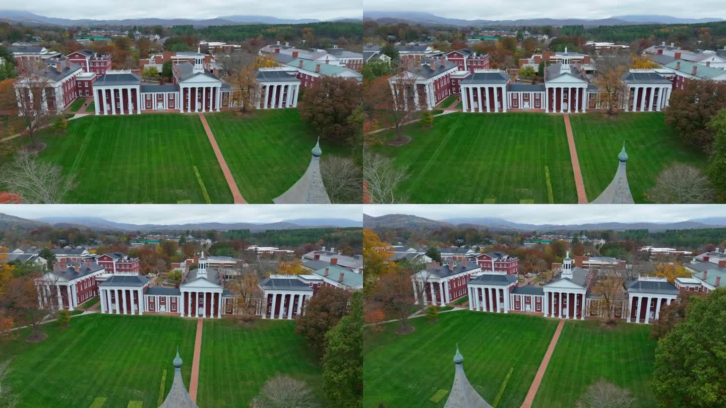 华盛顿和李大学的华盛顿大厅。秋季历史悠久的大学校园的航拍照片。