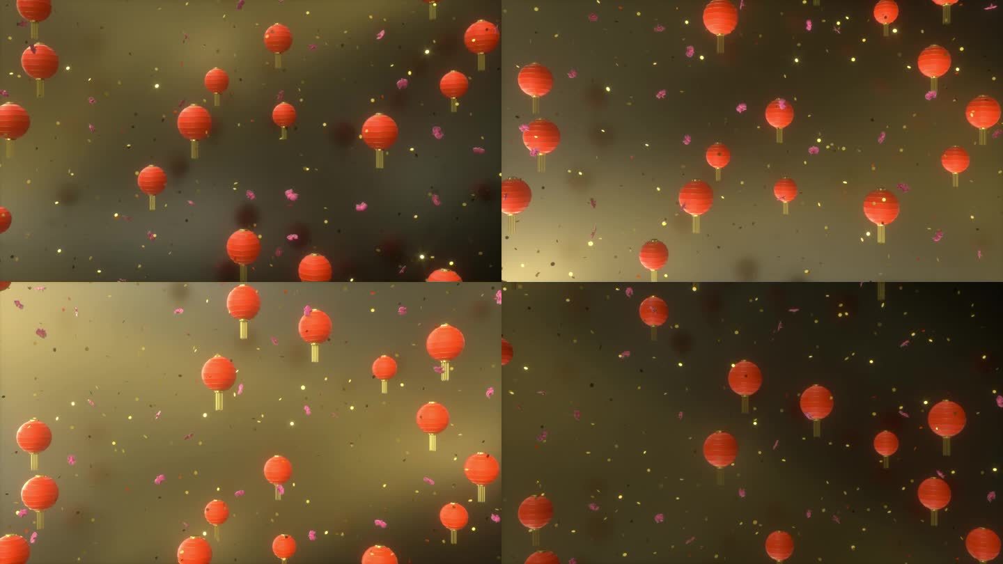 中国的橙色纸灯笼被放飞到夜空中，以祈求好运。许多火灯漂浮在背景变化的灯光和金色的彩纸。新年佳节，循环