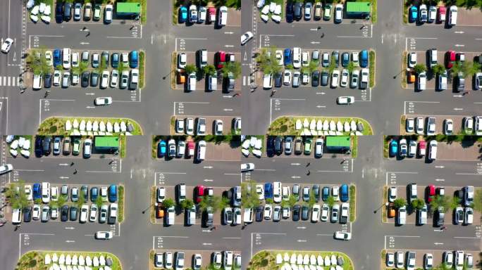 汽车、停车场和无人机顶视图作为交通工具或繁忙的商业、购物中心或人口。车辆，停在城市或城市环境的现场或
