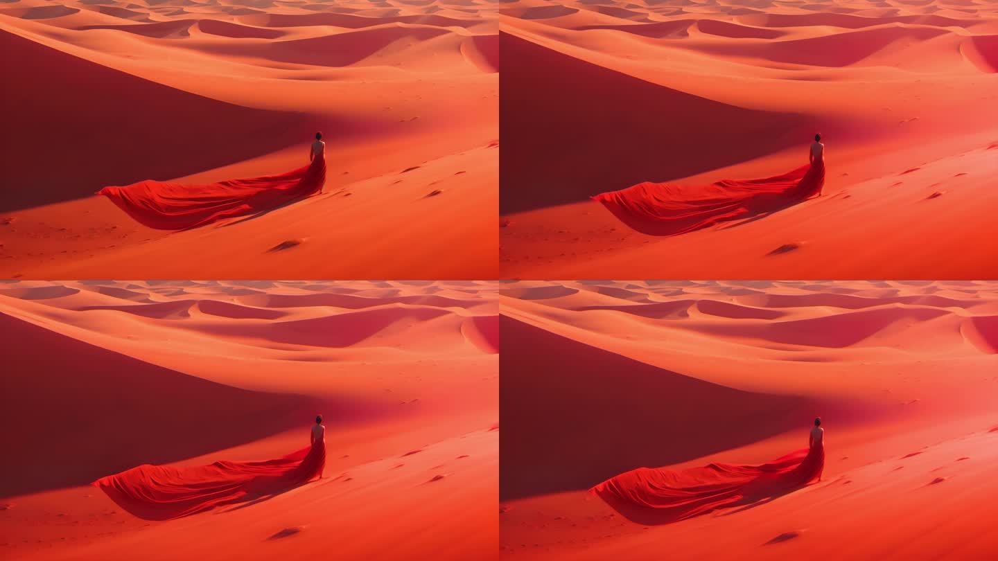 沙漠女人红裙飘动