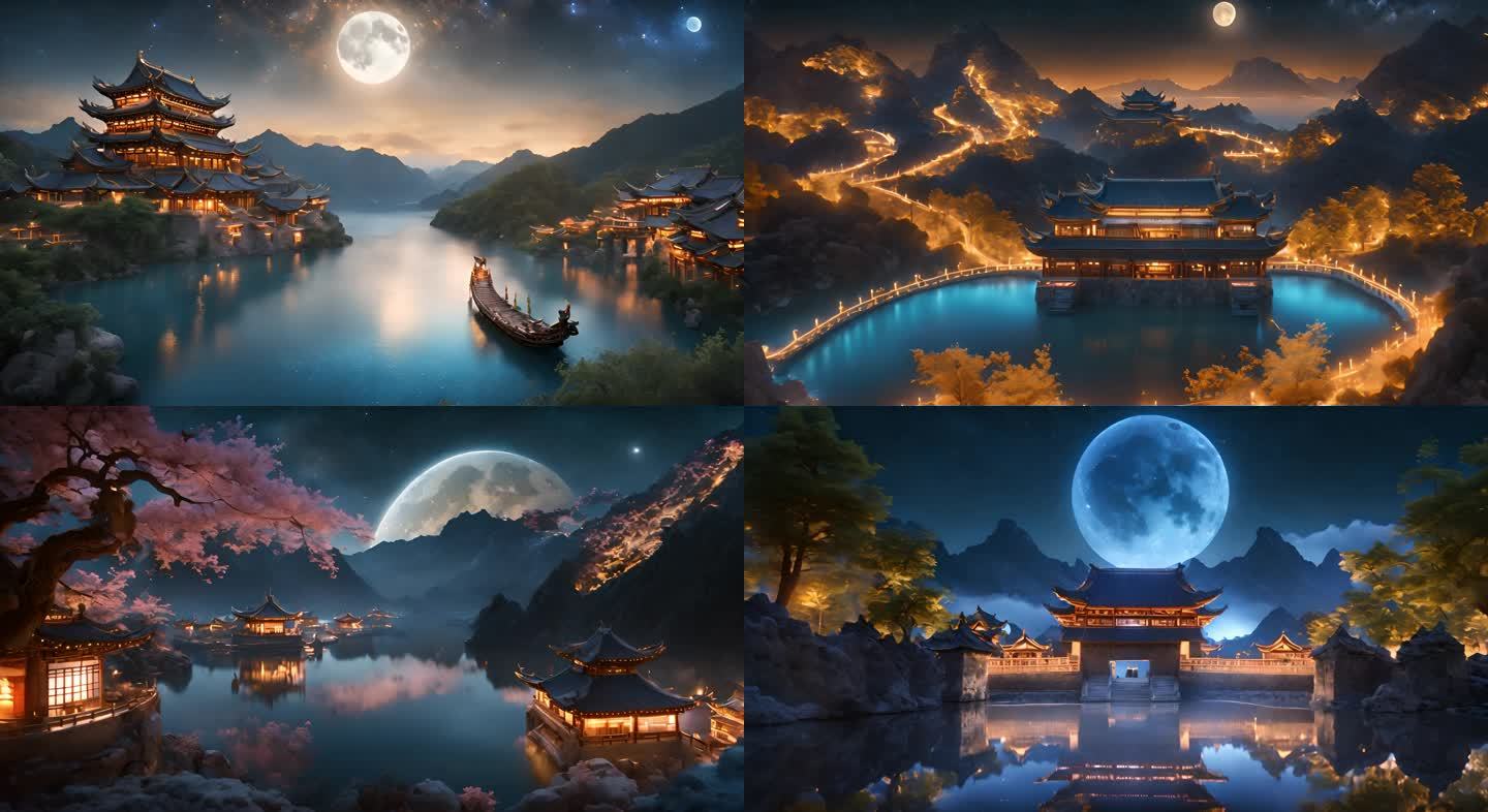 夜晚中国古代城镇古城灯光璀璨圆月高空4k