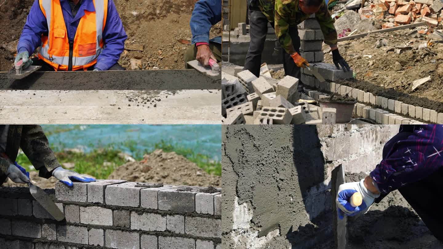 建筑工地上砌墙的工人