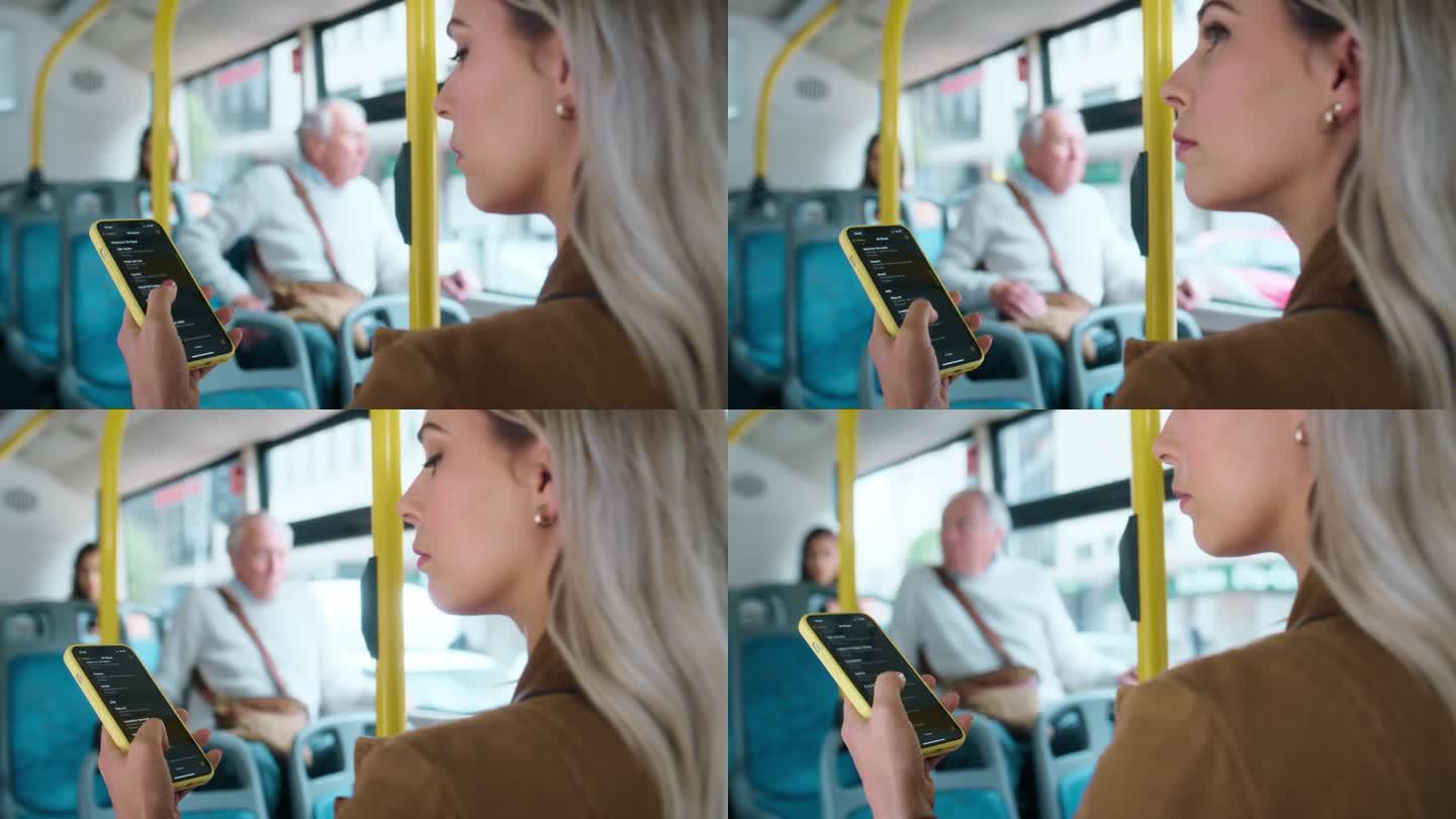 女人在公交车上带着手机，开车时用手机应用搜索和思考城市旅行。公共交通，服务或乘车，女孩在上班路上看社