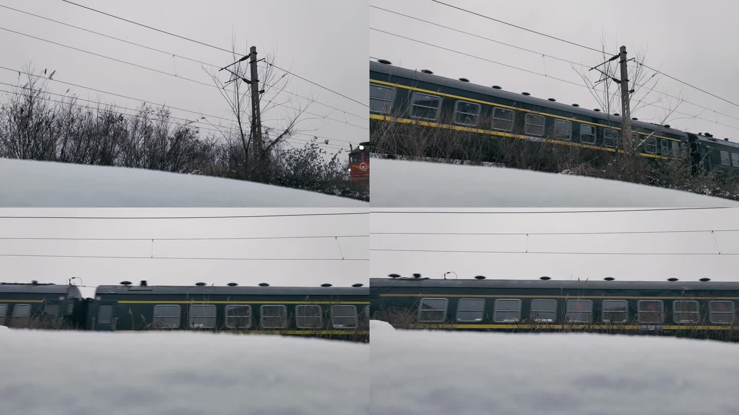 冬天 下雪天 绿皮火车 回家 铁路运输