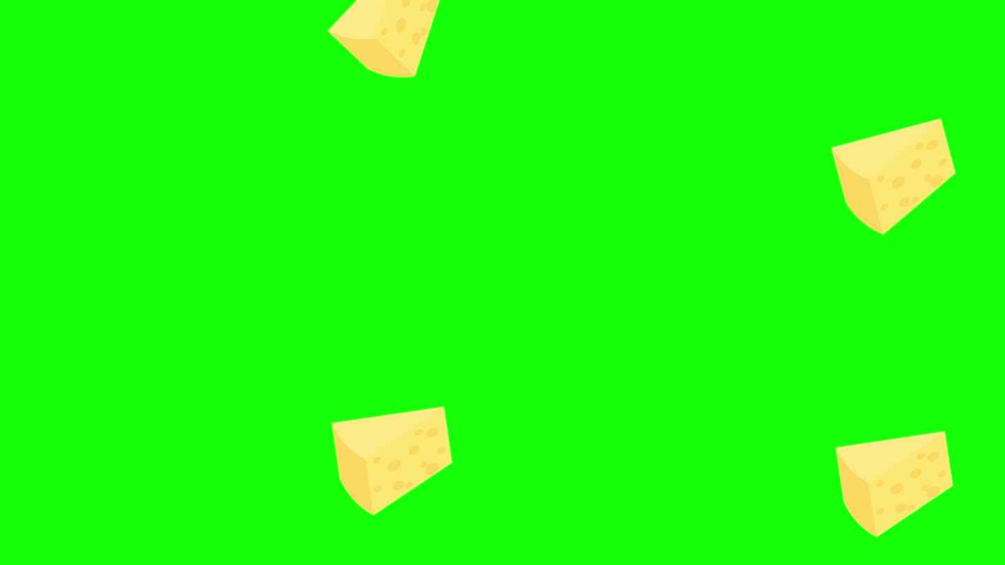 一块奶酪。埃曼塔尔奶酪三角形。瑞士奶酪，隔离在绿色背景上。出现在顶部，在屏幕中央旋转，然后向下消失。