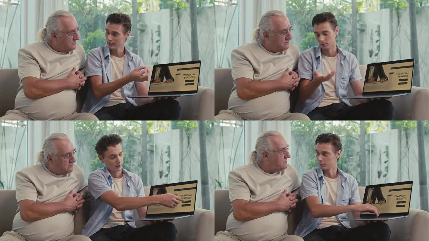 孙子给爷爷看带有金融服务主页的笔记本电脑
