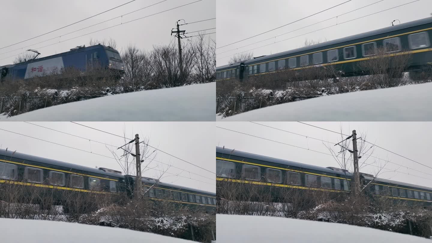 冬天 下雪天 绿皮火车 回家 铁路运输