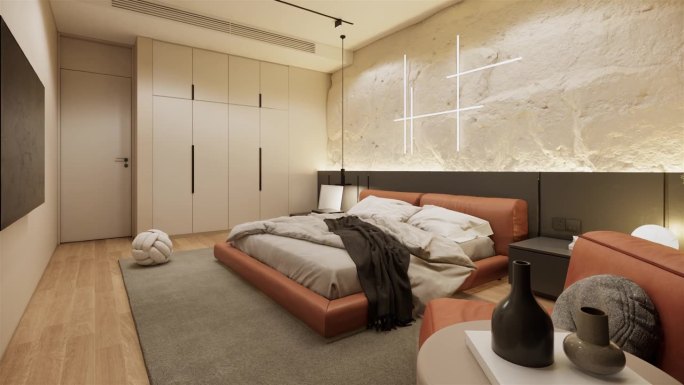 现代豪华卧室，公寓室内设计与家具，3d渲染视频4k。