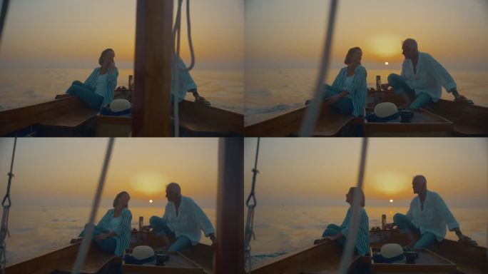 航行到日落的幸福:一对幸福的夫妇享受夕阳的宁静