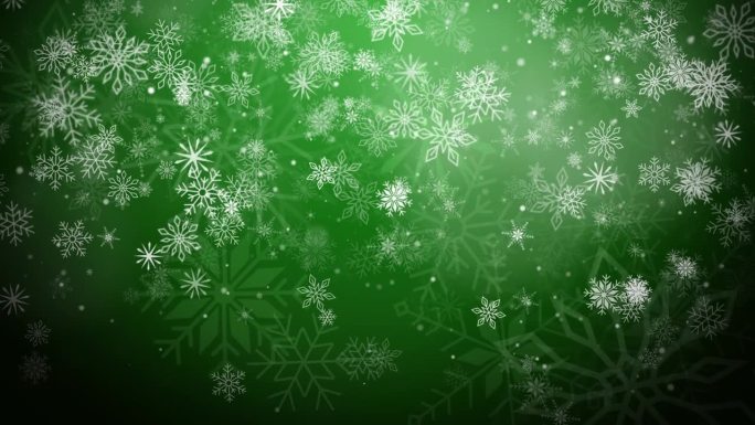 绿色背景与雪花。动画冬季海报，圣诞贺卡。循环。