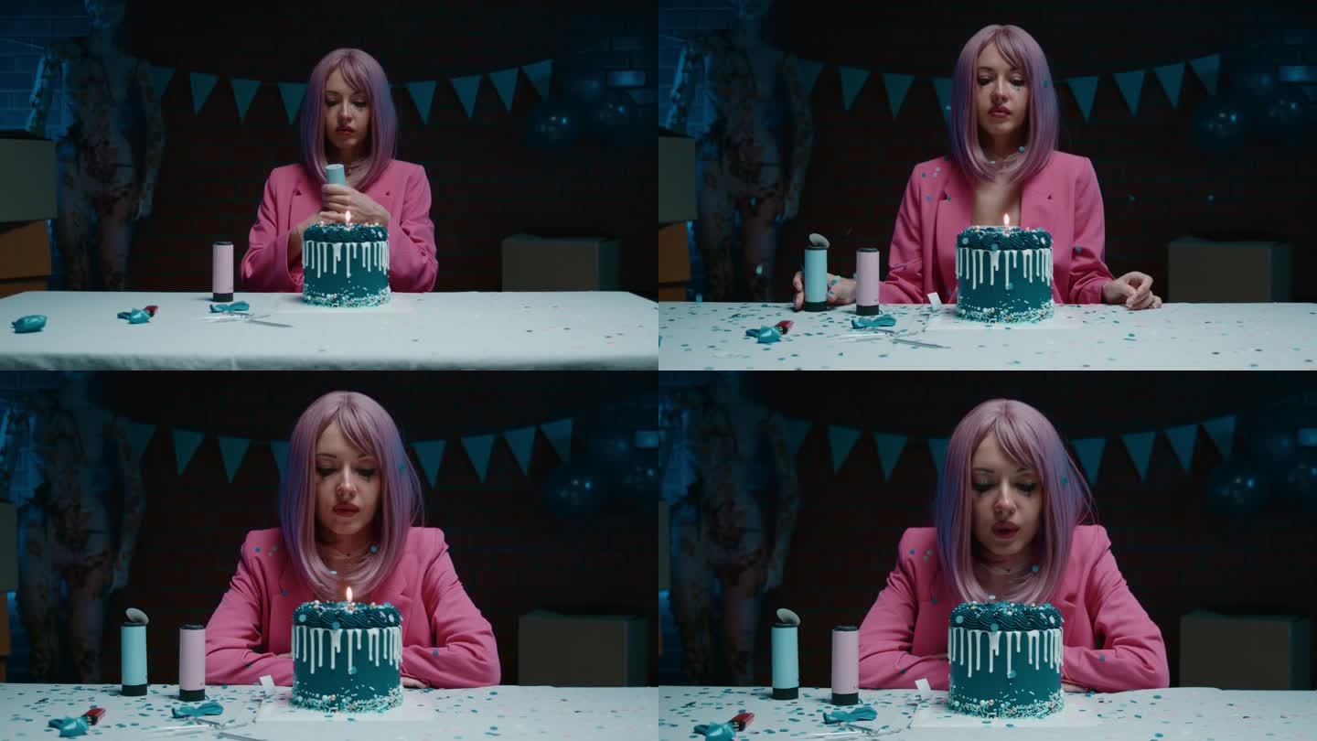 悲伤的粉色头发的生日女孩化妆坐在桌子旁，发射五彩纸屑大炮和吹灭蜡烛
